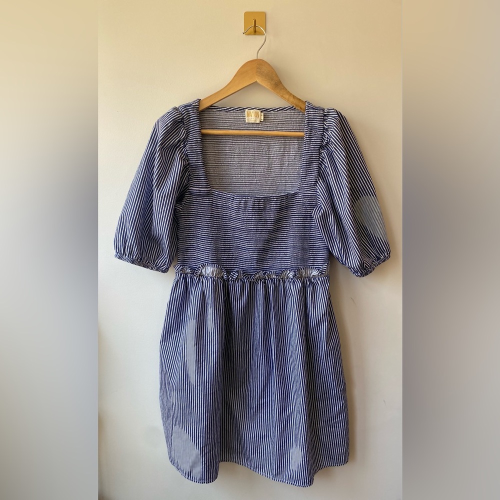 Nation LTD | Large Blue and White Striped 100% Pima Cotton Smocked Dress - Picture 2 of 6